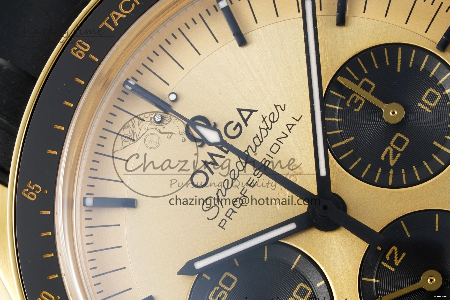 0327 TimelessDesign Speedmaster Moonwatch in Moonshine Gold YG RMF Best Edition YG Dial on Black Rubber Strap Manual Chrono 7834